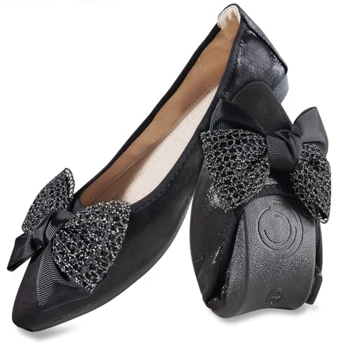 YOUNIFIZ Damen Flats Faltbare Ballerinas für Frauen Mode Fliege Pionted Toe Komfort Leichte Slip-On Kleid Schuhe, Bowtie Black-5, 41 EU von YOUNIFIZ