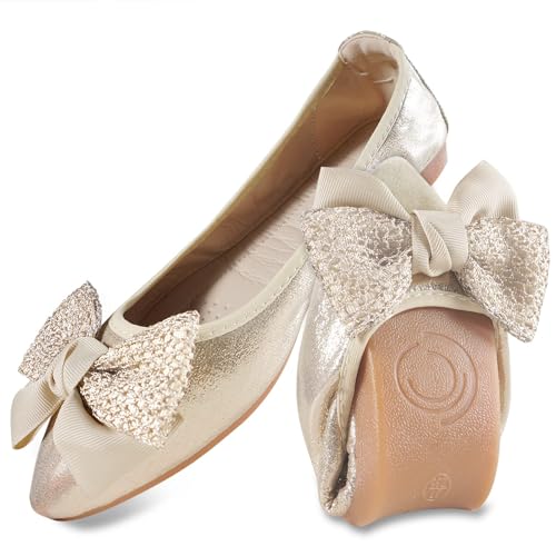 YOUNIFIZ Damen Flats Faltbare Ballerinas für Frauen Mode Fliege Pionted Toe Komfort Leichte Slip-On Kleid Schuhe, Bowtie Gold-4, 38.5 EU von YOUNIFIZ