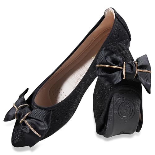 YOUNIFIZ Damen Flats Faltbare Ballerinas für Frauen Mode Fliege Pionted Toe Komfort Leichte Slip-On Kleid Schuhe, Fliege, Schwarz, 41 EU von YOUNIFIZ