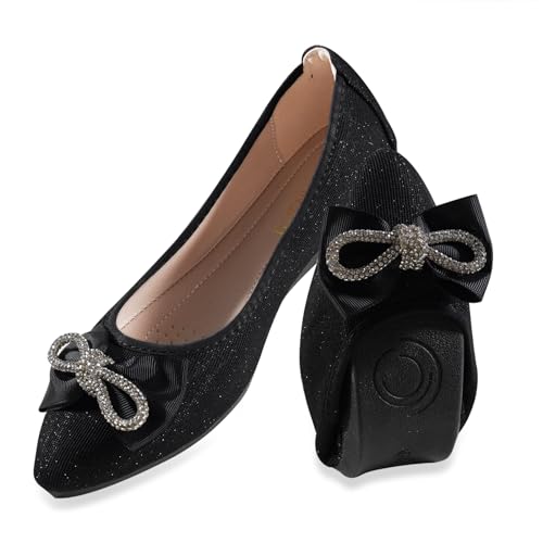 YOUNIFIZ Damen Flats Faltbare Ballerinas für Frauen Mode Fliege Pionted Toe Komfort Leichte Slip-On Kleid Schuhe, Fliege, Schwarz, Größe 1, 38.5 EU von YOUNIFIZ