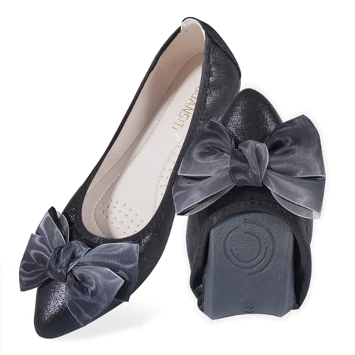 YOUNIFIZ Damen Flats Faltbare Ballerinas für Frauen Mode Fliege Pionted Toe Komfort Leichte Slip-On Kleid Schuhe, Fliege, Schwarz = 3, 37.5 EU von YOUNIFIZ