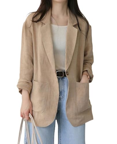 YOUNIFIZ Damen Leinen Blazer Jacken 3/4 Geraffte Ärmel Leicht Knopf Revers 2025 Casual Slim Frühling Sommer Anzug, 63#khaki, L von YOUNIFIZ