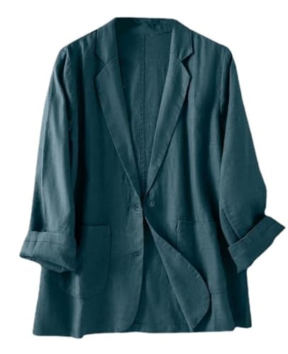 YOUNIFIZ Damen Leinen Blazer Jacken 3/4 Geraffte Ärmel Leicht Knopf Revers 2025 Casual Slim Frühling Sommer Anzug, 64#Dunkelblau, L von YOUNIFIZ