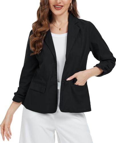 YOUNIFIZ Damen Leinen Blazer Jacken 3/4 geraffte Ärmel Leichte Knopfleiste Revers 2025 Casual Sommer Blazer mit Taschen, Schwarz , S von YOUNIFIZ