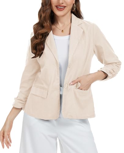 YOUNIFIZ Damen Leinen Blazer Jacken 3/4 geraffte Ärmel Leichte Knopfleiste Revers 2025 Casual Sommer Blazer mit Taschen, aprikose, S von YOUNIFIZ