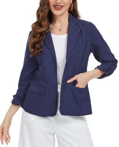YOUNIFIZ Damen Leinen Blazer Jacken 3/4 geraffte Ärmel Leichte Knopfleiste Revers 2025 Casual Sommer Blazer mit Taschen, dunkelblau, XL von YOUNIFIZ