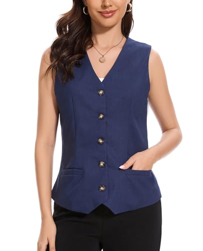 YOUNIFIZ Damen-Leinenweste, leicht, bauchfrei, V-Ausschnitt, Tasche, Knopf, Arbeit, Freizeit, ärmellos, Leinenweste, marineblau, L YOUNIFIZ Damen-Leinenweste, leicht, bauchfrei, V-Ausschnitt, Tasche, Knopf, Arbeit, Freizeit, ärmellos, Leinenweste, marineblau, L von YOUNIFIZ