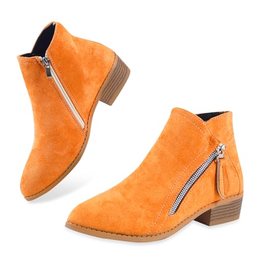 YOUNIFIZ Damen-Stiefelette mit spitzem Zehenbereich, Wildlederimitat, gestapelter Absatz, Western-Stiefelette, Orange/Abendrot im Zickzackmuster (Sunset Chevron), 39.5 EU von YOUNIFIZ