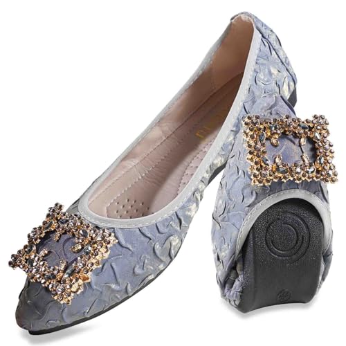 YOUNIFIZ Flache Damen-Ballerinas, faltbare Ballerinas für Damen, modische Schnalle, Pionted Toe Komfort, leicht, Slip-On-Kleiderschuhe, Buckle Blue, 42 EU von YOUNIFIZ