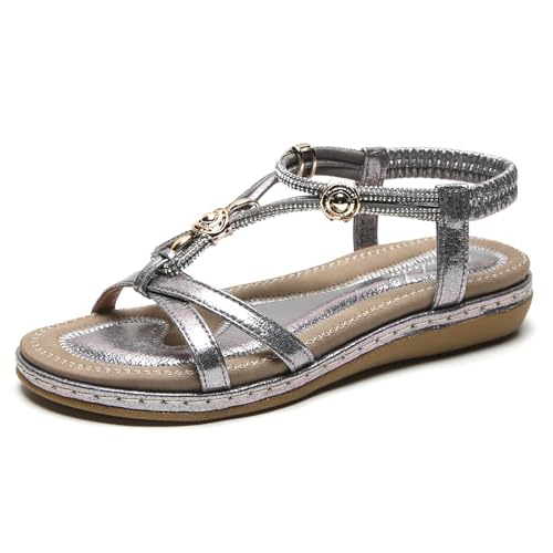 YOUNIFIZ Flache Damen-Sandalen, bequem, Slingback mit glitzernden Strasssteinen, Sommerkleid, Knöchel, elastisch, Bohemian-Urlaubsschuhe, silber, 38.5 EU von YOUNIFIZ
