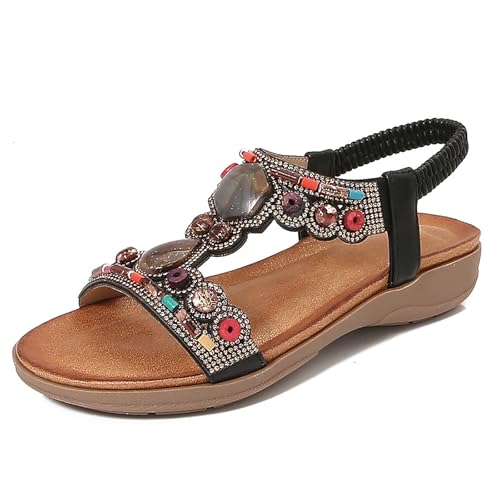 YOUNIFIZ Flache Damen-Sandalen, bequemes, lässiges Kleid, Bohemian-Stil, glitzernd, Wandersandalen, Sommerschuhe, Schwarz, 41 EU von YOUNIFIZ