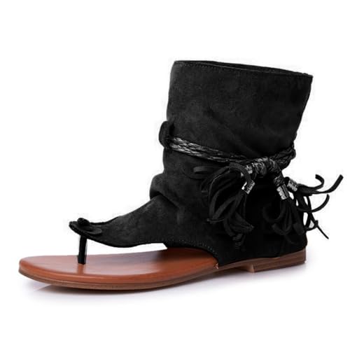 YOUNIFIZ Lässige Quasten-Sandalen für Damen, Retro-böhmische Gladiator-Sandalen, flache Clip-Toe-Strandschuhe, Schwarz, 38.5 EU von YOUNIFIZ