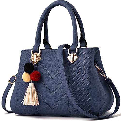 YOUNXSL Damen-Handtaschen, Leder, Geldbörsen, Tragegriff, Schultertasche für Damen, mit Bommel und Quaste, Blau, Einheitsgröße von YOUNXSL