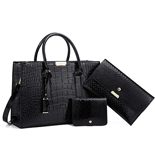 YOUNXSL Handtaschen Damen PU-Leder Schultertasche Schlangenmuster Henkeltaschen Tragetasche Designer Elegant Umhängetasche Clutches Set 3-teiliges Schwarz von YOUNXSL