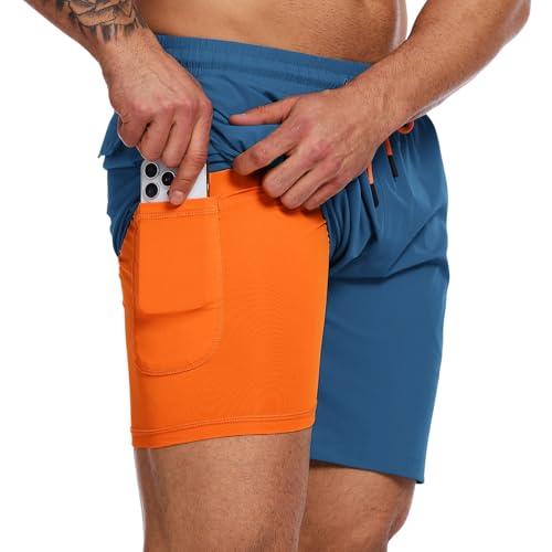 YOUPHYIMAI Badehose Herren Lang mit Kompression 2 in 1 Atmungsaktiv Badeshorts Männer Elastisch Trainingsshorts Verstellbar Tunnelzug mit Kompression Liner von YOUPHYIMAI