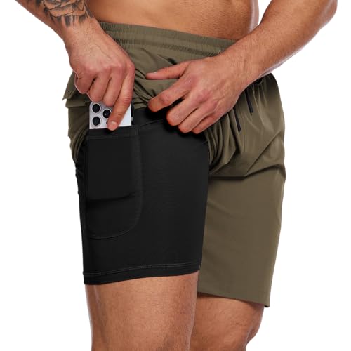 YOUPHYIMAI Badehose Herren Lang mit Kompression 2 in 1 Atmungsaktiv Badeshorts Männer Elastisch Trainingsshorts Verstellbar Tunnelzug mit Kompression Liner von YOUPHYIMAI