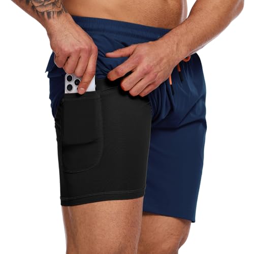 YOUPHYIMAI Badehosen für Herren 2 in 1 Atmungsaktiv Badeshorts Männer Elastisch Trainingsshorts Verstellbar Tunnelzug mit Kompression Liner von YOUPHYIMAI