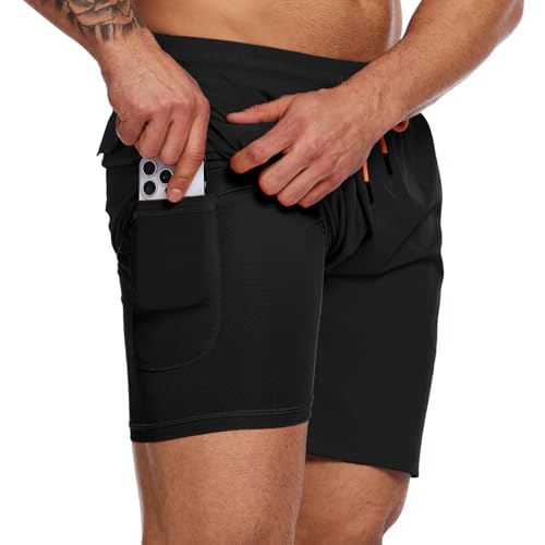 YOUPHYIMAI Badehose Herren Lang mit Kompression 2 in 1 Atmungsaktiv Badeshorts Männer Elastisch Trainingsshorts Verstellbar Tunnelzug mit Kompression Liner von YOUPHYIMAI