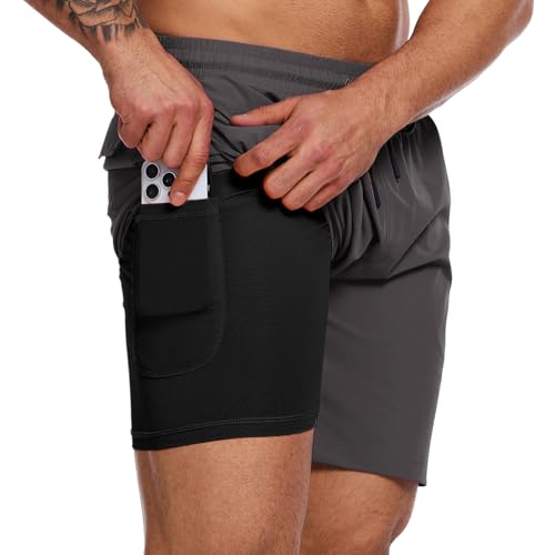 YOUPHYIMAI Badehose Herren Lang mit Kompression 2 in 1 Atmungsaktiv Badeshorts Männer Elastisch Trainingsshorts Verstellbar Tunnelzug mit Kompression Liner von YOUPHYIMAI