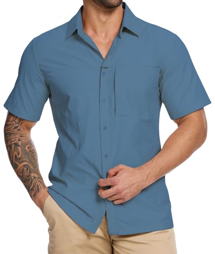 YOUPHYIMAI Herren Hemd Kurzarm Leinenhemd Outdoorhemd UPF50+ UV Schutz Atmungsaktive Funktionshemd Wanderhemd für Angeln Safari von YOUPHYIMAI