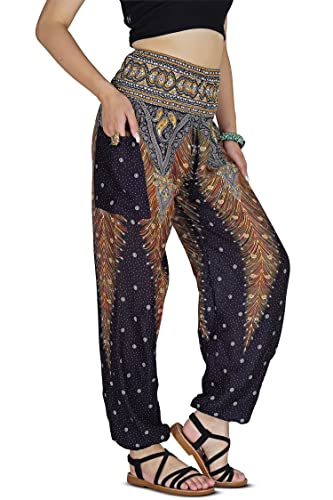 Your Cozy Damen Haremshose Boho Genie Aladdin gesmokte Taille Yogahose, Pfauenschwarz., S von Your Cozy