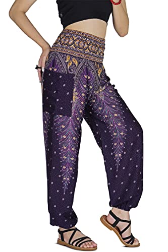 Your Cozy Damen Haremshose Boho Genie Aladdin gesmokte Taille Yogahose, Pfauenviolett, L von Your Cozy