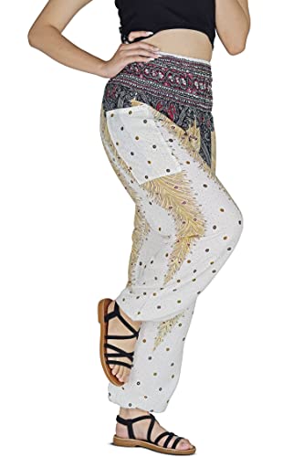 Your Cozy Damen Haremshose Boho Genie Aladdin gesmokte Taille Yogahose, Pfauenweiß, XXL von Your Cozy