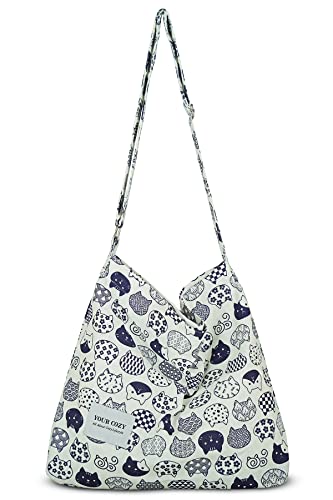 Your Cozy Damen Retro Große Größe Baumwolle Schultertasche Hobo Crossbody Handtasche Casual Tote für Einkaufen und Reisen, Neko Katze., Large von Your Cozy