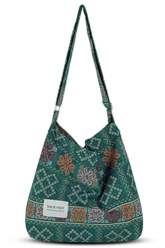 Your Cozy Damen Retro Große Größe Baumwolle Schultertasche Hobo Crossbody Handtasche Casual Tote für Einkaufen und Reisen, Tribe_seagreen, Einheitsgröße von Your Cozy