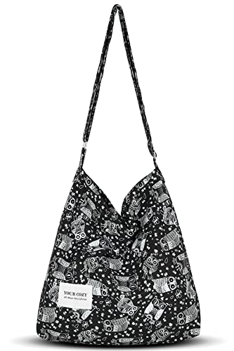 Your Cozy Damen Retro Große Größe Baumwolle Schultertasche Hobo Crossbody Handtasche Casual Tote für Einkaufen und Reisen, Weiß/Eulen, Large von Your Cozy