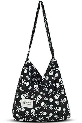 Your Cozy Damen Retro Große Größe Baumwolle Schultertasche Hobo Crossbody Handtasche Casual Tote für Einkaufen und Reisen, Weißer Totenkopf, Large von Your Cozy