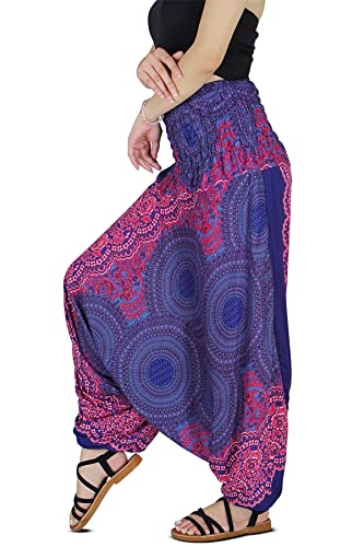 Your Cozy Haremshose für Damen, Hippie-Boho-Kleidung, Mc Hammer-Hose, Overall, lässig, locker, Strand, Jogginghose, bequem, bauschig, Boho-Yoga-Hose (Pink Blue Sunflower_XL) von Your Cozy