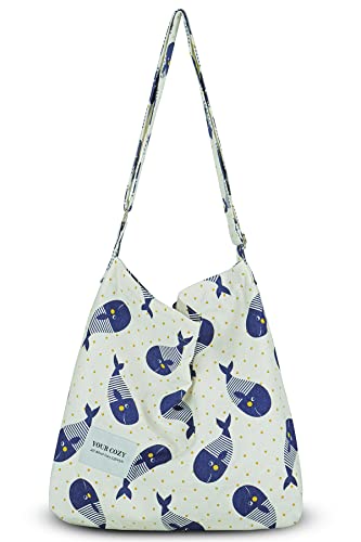 Your Cozy Damen Retro Große Größe Baumwolle Schultertasche Hobo Crossbody Handtasche Casual Tote für Einkaufen und Reisen, Kleiner Wal, Einheitsgröße von Your Cozy