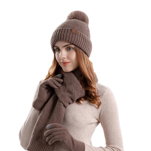 YOURDIARY Frauen Winter Beanie Mütze Schal Set Touchscreen Handschuhe Set mit Pom für Frauen (Khaki) von YOURDIARY