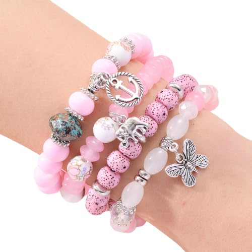 YOURNAME Armband Herren Perlen, Mehrschichtiges Mode-Böhmisches Armband Schmetterling Kristall Modearmband, Energieschmuck Für Frauen Rosa Elefant von YOURNAME