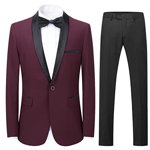 YOUTHUP Anzug Herren 2 Teilig Slim Fit Smoking Anzüge Schalkragen Herrenanzug für Hochzeit Business, Weinrot-928, 3XL von YOUTHUP