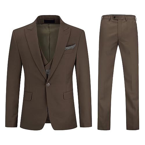 YOUTHUP Anzug Herren 3 Teilige Anzug Slim Fit Business Hochzeit Smoking Spitzenrevers Sakko Weste Hose und Einstecktuch, Dunkelbraun, 2XL von YOUTHUP