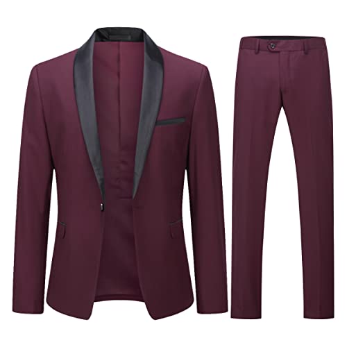 YOUTHUP Anzug Herren Anzug Slim Fit 2 Teilig Anzüge Schalkragen Herrenanzug für Hochzeit Business, Weinrot, XXL von YOUTHUP