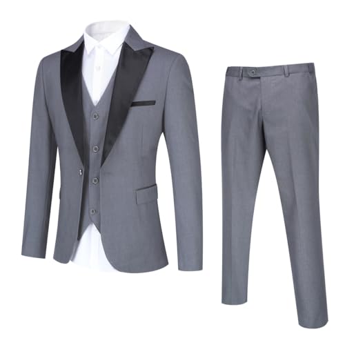 YOUTHUP Anzug Herren Regular Fit 3 Teilig Anzüge Peak Lapel Morden Herrenanzug Business Hochzeit Smoking Sakko Hose Weste, Hellgrau, 3XL von YOUTHUP