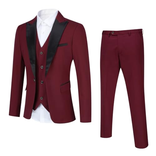 YOUTHUP Anzug Herren Regular Fit 3 Teilig Anzüge Peak Lapel Morden Herrenanzug Business Hochzeit Smoking Sakko Hose Weste, Rotwein, XXL von YOUTHUP