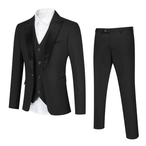YOUTHUP Anzug Herren Regular Fit 3 Teilig Anzüge Peak Lapel Morden Herrenanzug Business Hochzeit Smoking Sakko Hose Weste, Schwarz, S von YOUTHUP