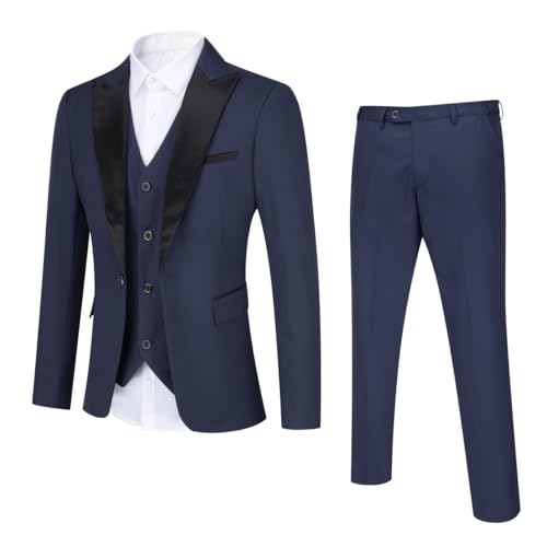 YOUTHUP Anzug Herren Regular Fit 3 Teilig Anzüge Peak Lapel Morden Herrenanzug Business Hochzeit Smoking Sakko Hose Weste, Blau, M von YOUTHUP