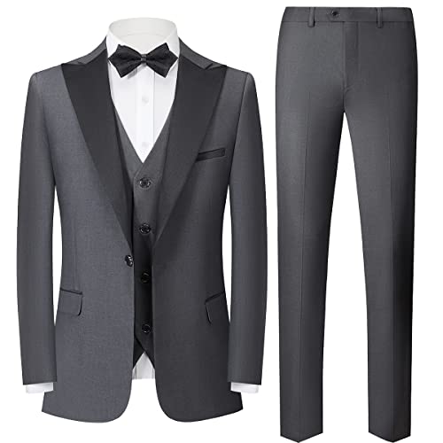 YOUTHUP Anzug Herren Slim Fit 3 Teilig Anzüge Peak Lapel Morden Herrenanzug Business Hochzeit Smoking Sakko Hose Weste, Grau, 3XL von YOUTHUP