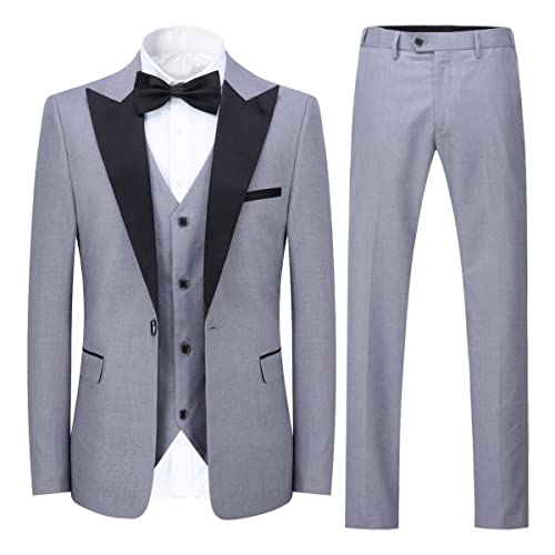 YOUTHUP Anzug Herren Slim Fit 3 Teilig Anzüge Peak Lapel Morden Herrenanzug Business Hochzeit Smoking Sakko Hose Weste, Hellgrau, 3XL von YOUTHUP