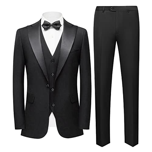 YOUTHUP Anzug Herren Slim Fit 3 Teilig Anzüge Peak Lapel Morden Herrenanzug Business Hochzeit Smoking Sakko Hose Weste, Schwarz, L von YOUTHUP