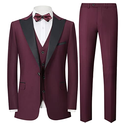 YOUTHUP Anzug Herren Slim Fit 3 Teilig Anzüge Peak Lapel Morden Herrenanzug Business Hochzeit Smoking Sakko Hose Weste, Rotwein, XXL von YOUTHUP