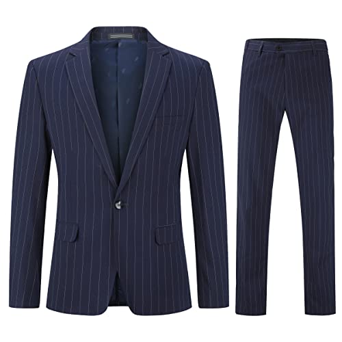 YOUTHUP Herren 2 Teilig Anzug Regular Fit Vertikale Streifen Anzüge Formale Herrenanzug für Hochzeit Business, Blau, S von YOUTHUP