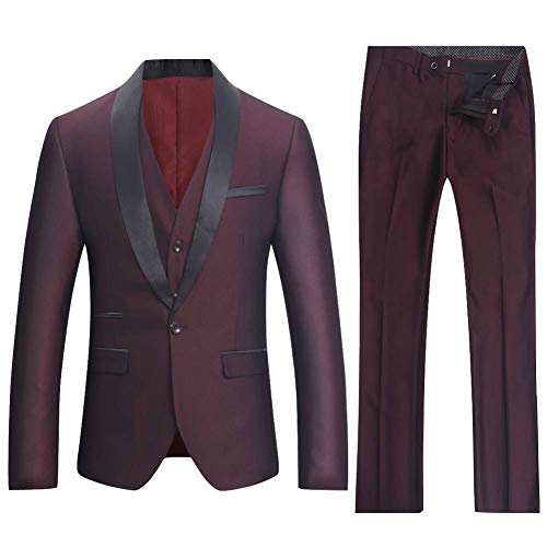 YOUTHUP Herren 3-Teilig Anzüge Business Smoking Slim Fit Party Herrenanzug Sakko Hose Weste, Burgund, M von YOUTHUP