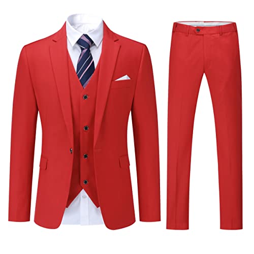 YOUTHUP Herren 3 Teilig Anzug Slim Fit Formell Anzüge 1 Knopf Herrenanzug für Business Hochzeit, Rot, S von YOUTHUP