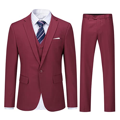 YOUTHUP Herren 3 Teilig Anzug Slim Fit Formell Anzüge 1 Knopf Herrenanzug für Business Hochzeit, Weinrot, L von YOUTHUP